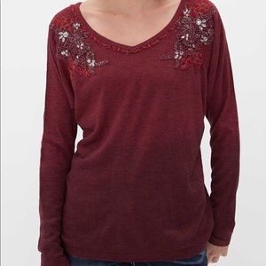 Miss Me Embellished Cranberry V Neck Small Holiday Sweater